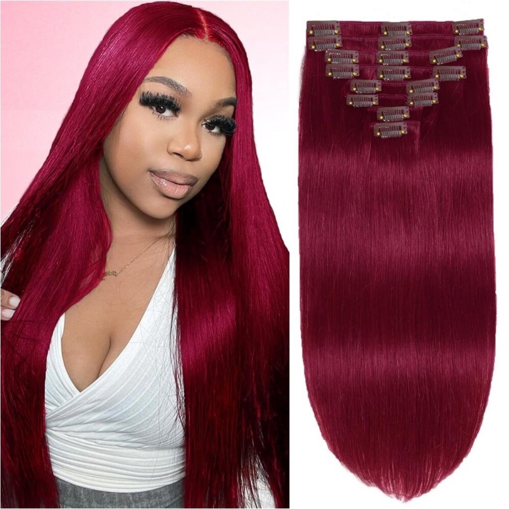 New 8pcs 20" 120g 99J Burgundy Silky Straight Human Hair Clip-In Extensions